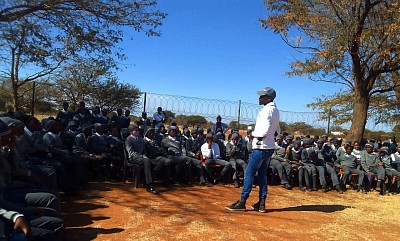 Survivor Dan Mfatshe speaks to students at Thebe Ya Tlhajwa Secondary School in Koffiekraal about drugs and substance abuse.